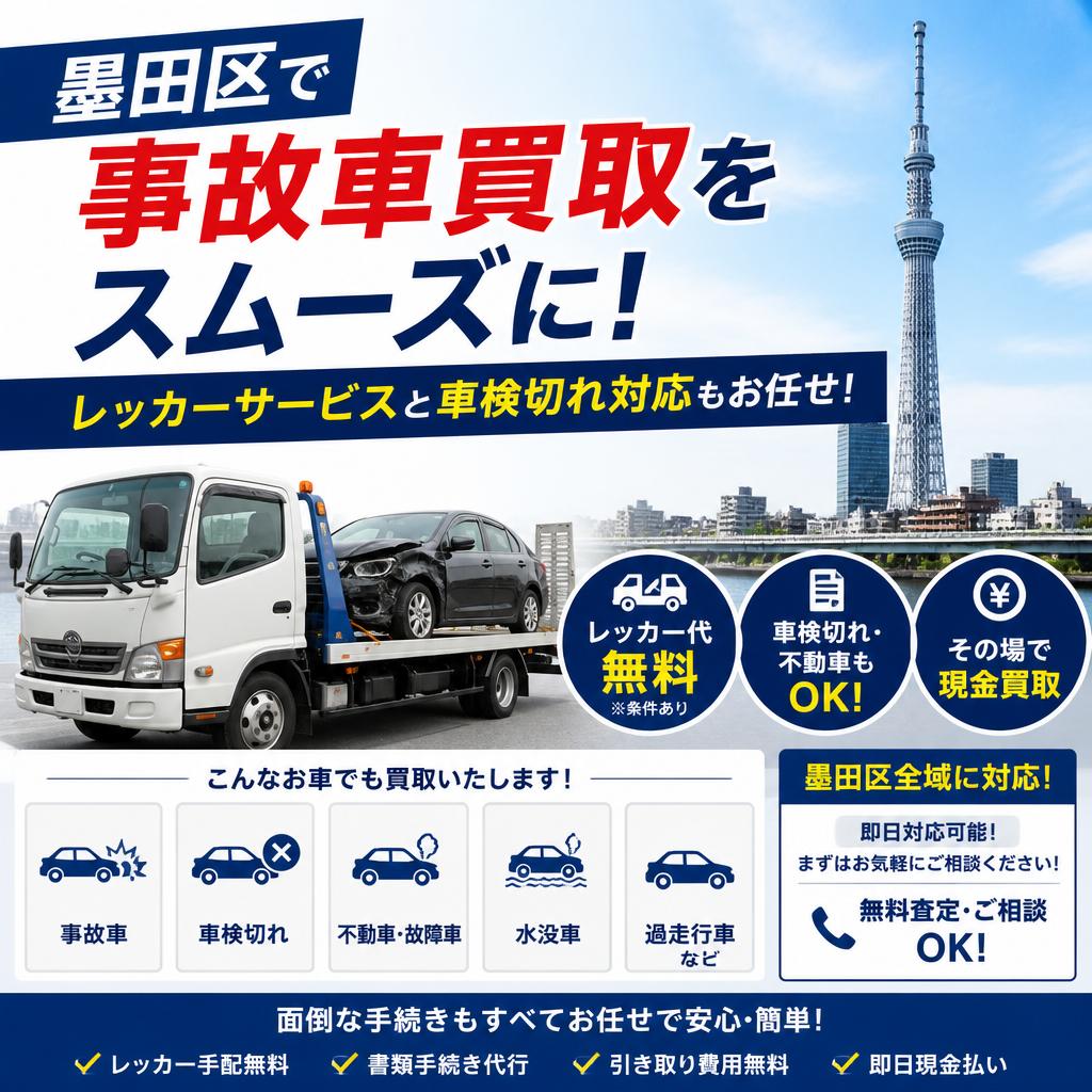 墨田区で事故車買取をスムーズに！レッカーサービスと車検切れ対応もお任せ！